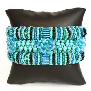 Czech Glass Bugle Bead Bracelet Turquoise, Black